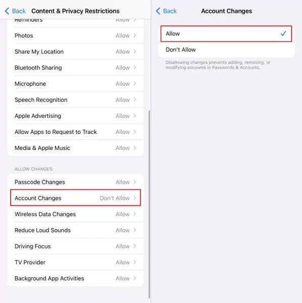 allow apple account changes