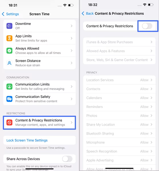 content and privacy restrictions