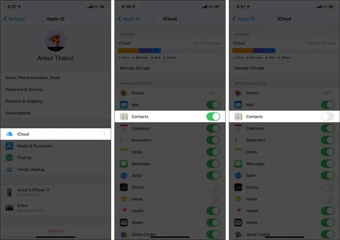 turn off and on icloud contacts