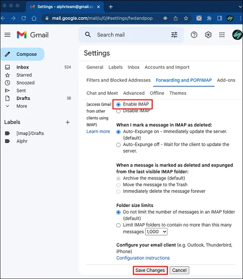 enable imap on gmail