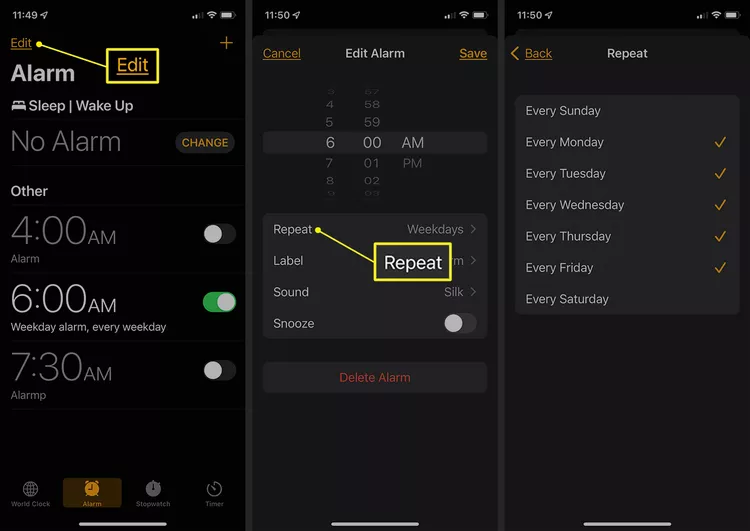 iphone alarm time settings