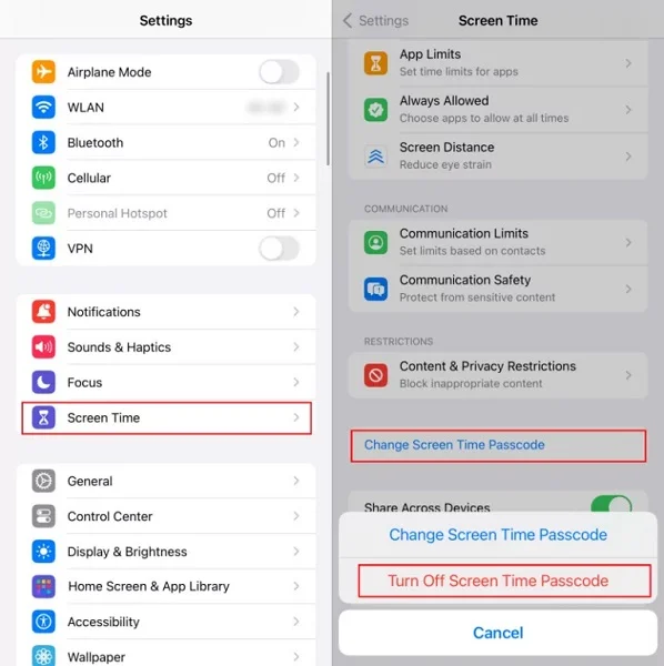 turn off screen time passcode iphone