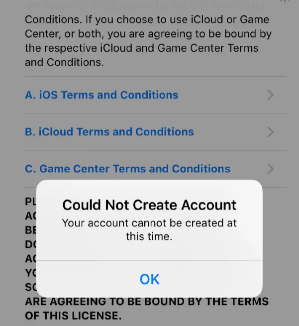 your account cannot be created at this time