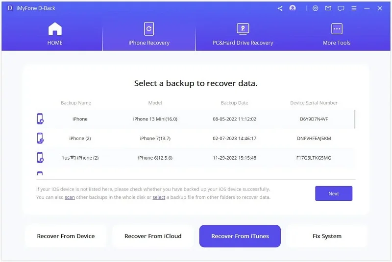 select an itunes backup 
