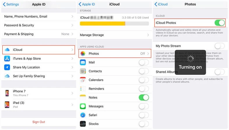 turn on icloud photos on ios device