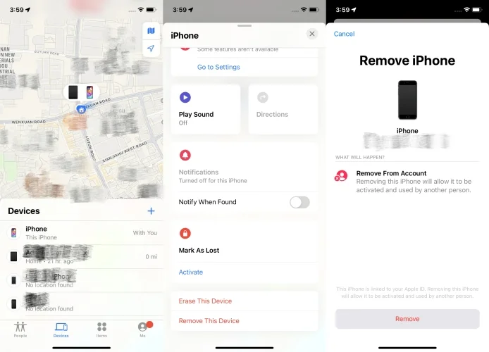 remove device from icloud on find my app